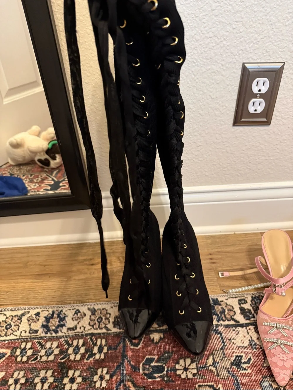 Christian Louboutin Black Lace-Up Over-the-Knee Pointed Boots